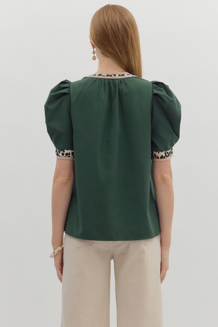 Hunter Green Puff Sleeve Top with Leopard Detail
