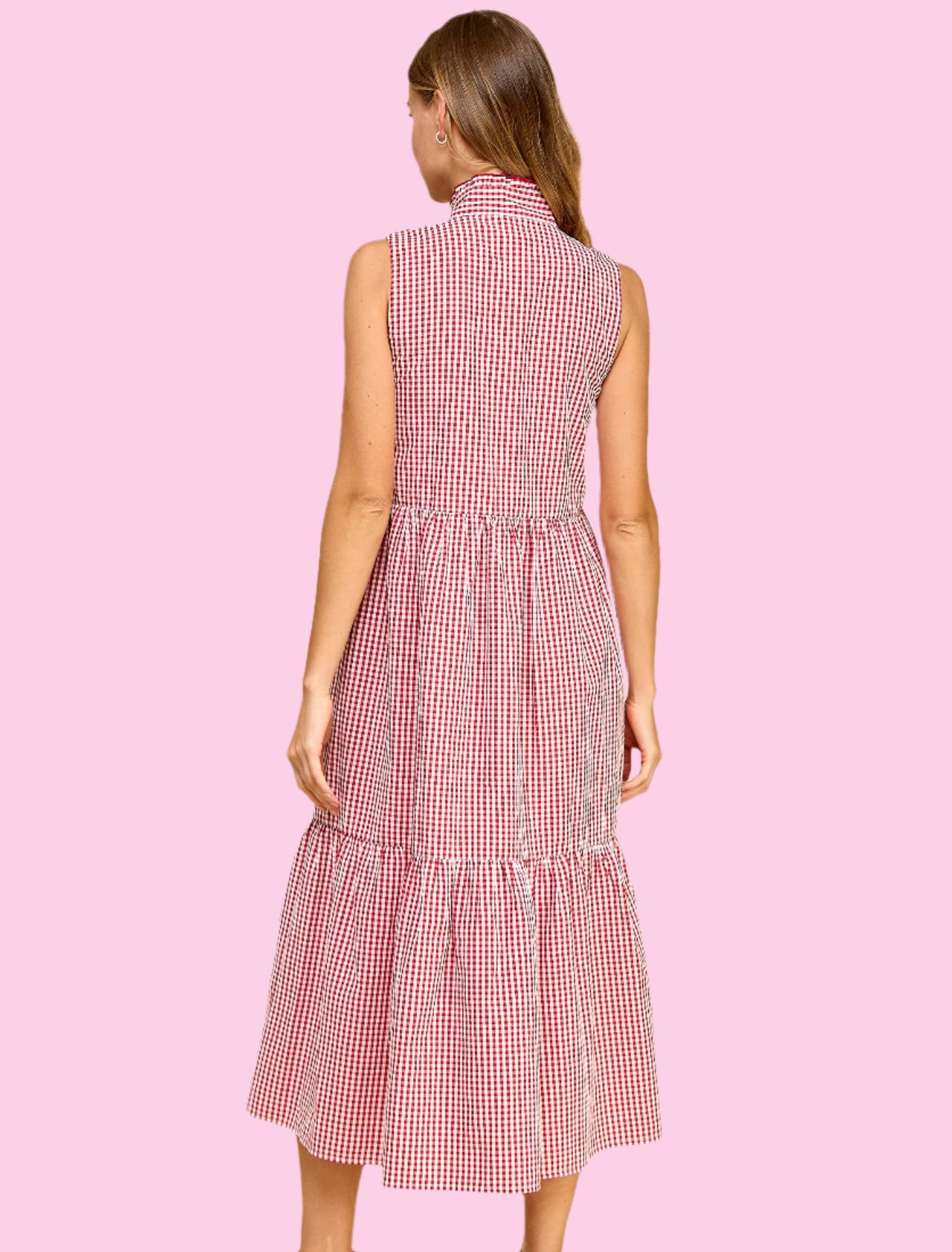Red Gingham Bow Midi Dress