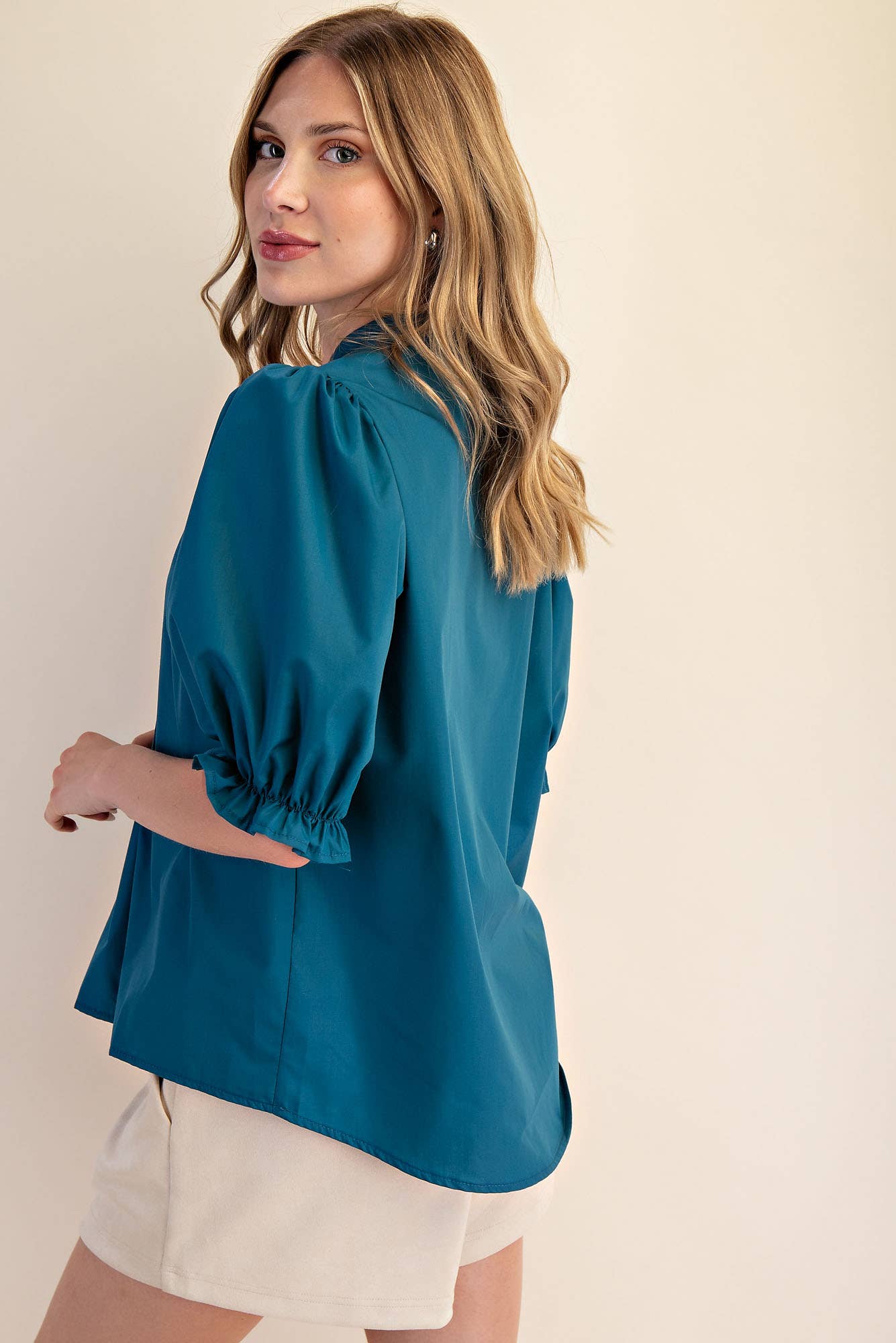 Teal V-Neck Puff Sleeve Top
