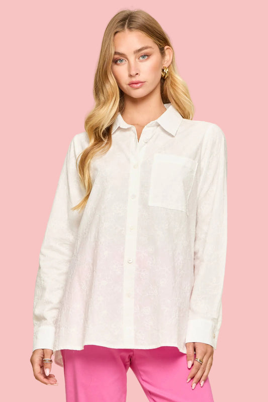 Off White Embroidered Button-Up Blouse