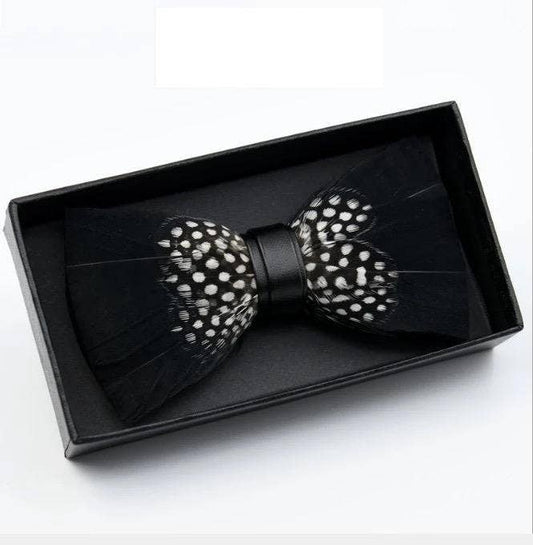 Handmade Black Feather Bow Tie with Black & White Polka Dot Accent