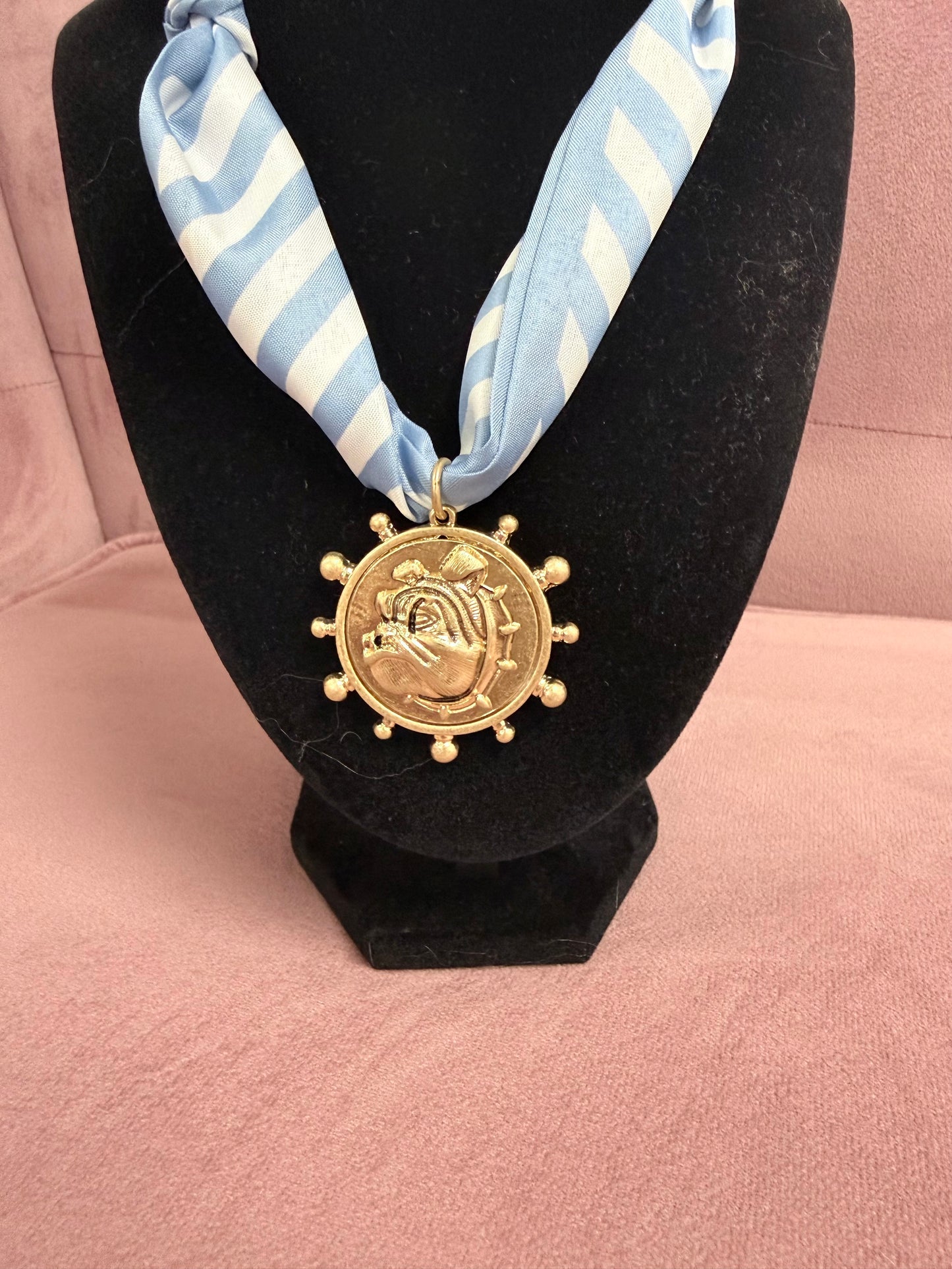 Bulldog Face Medallion Light Blue/White Striped Scarf Necklace