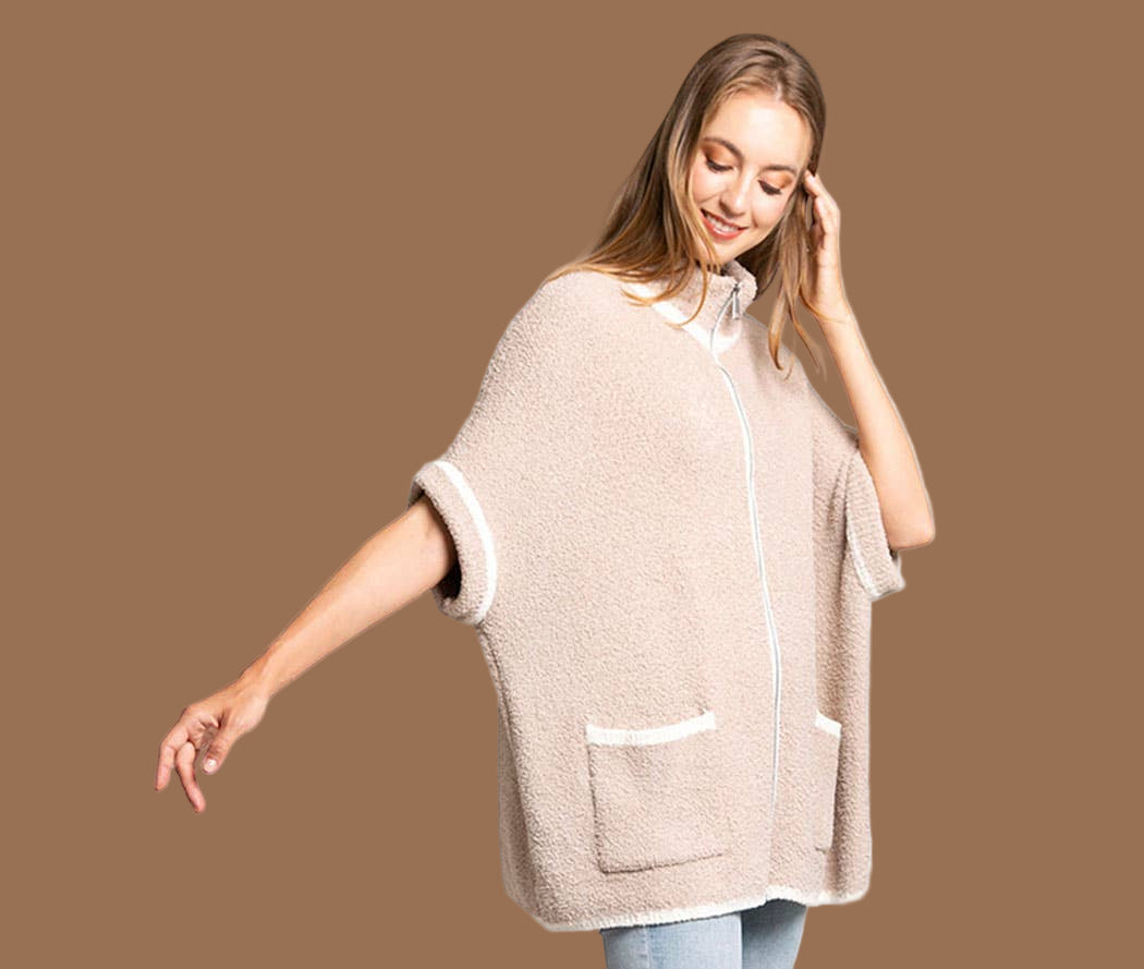 Beige Solid Zipper Jacket with Outlined Edges