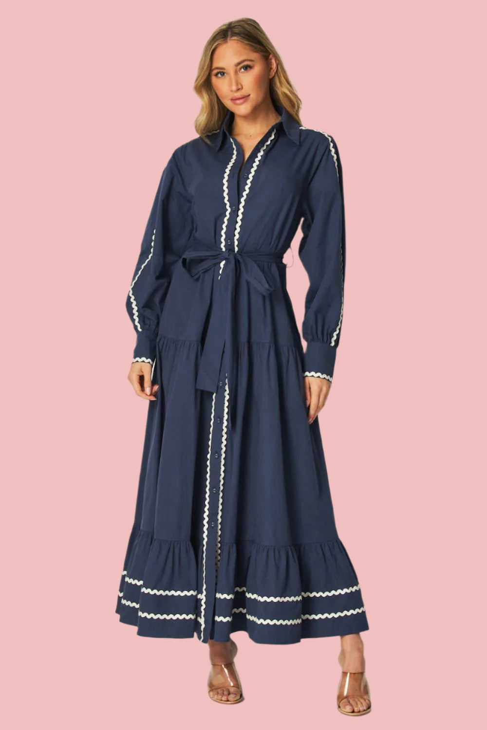 Navy Solid Long Sleeve Button-Down Maxi Dress
