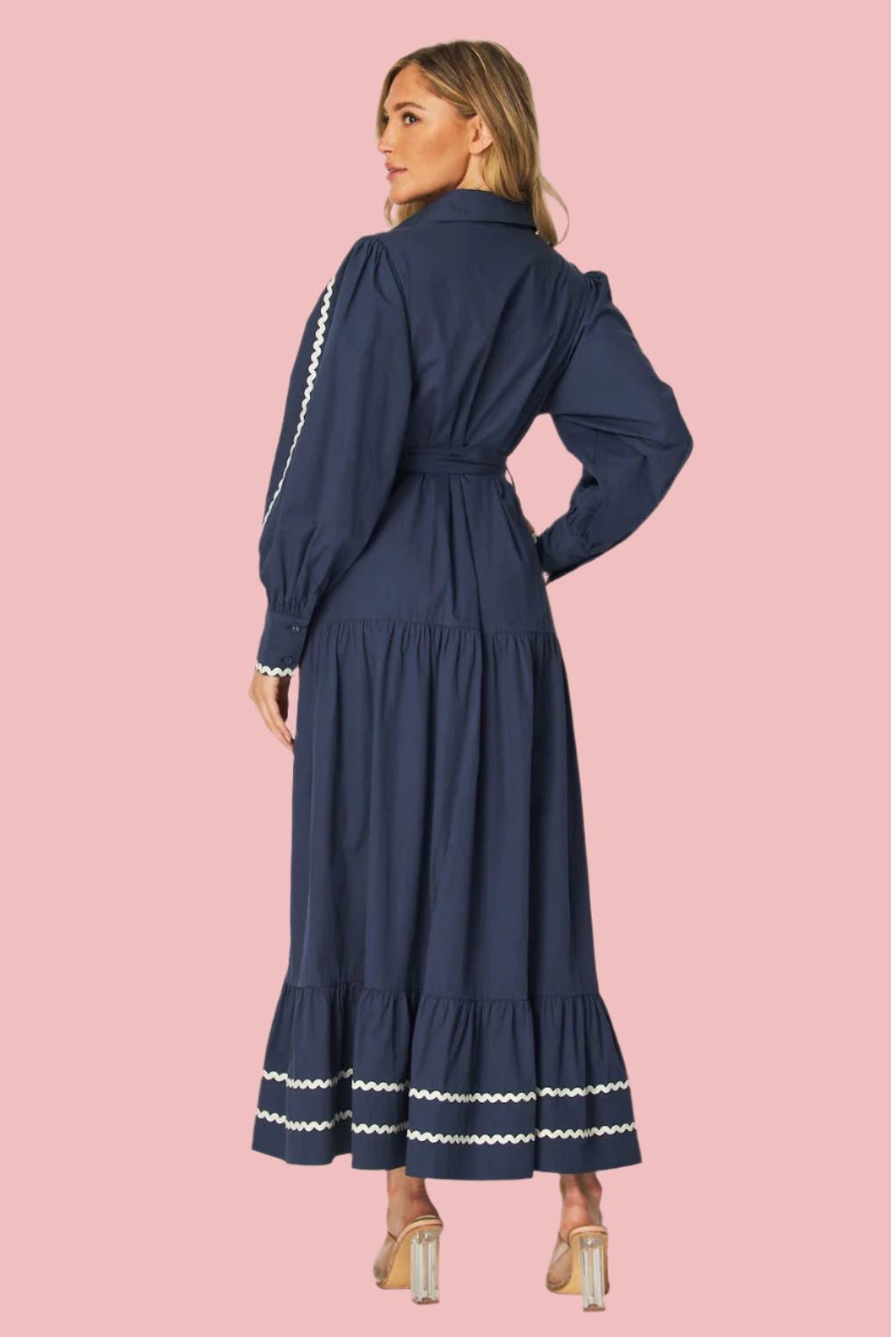 Navy Solid Long Sleeve Button-Down Maxi Dress