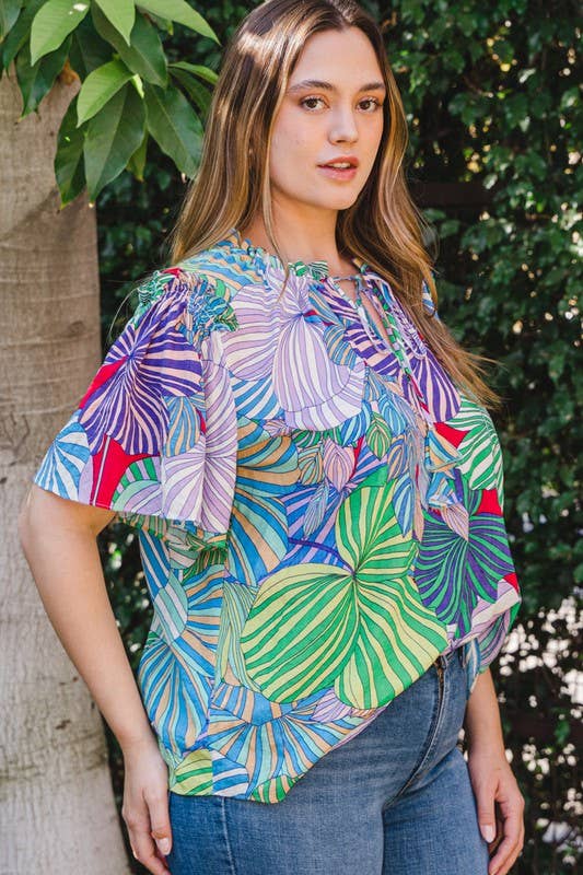 Purple-Lime Tropical Palm Leaf Printed Top