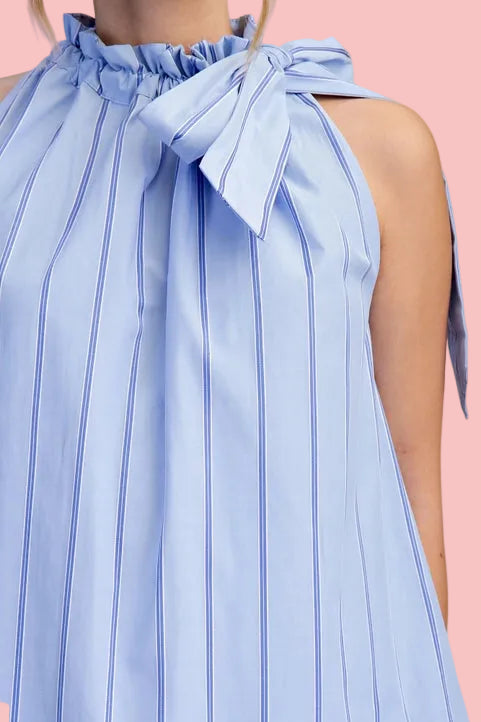 Bashful Blue Ruffle Neck Tie Dress