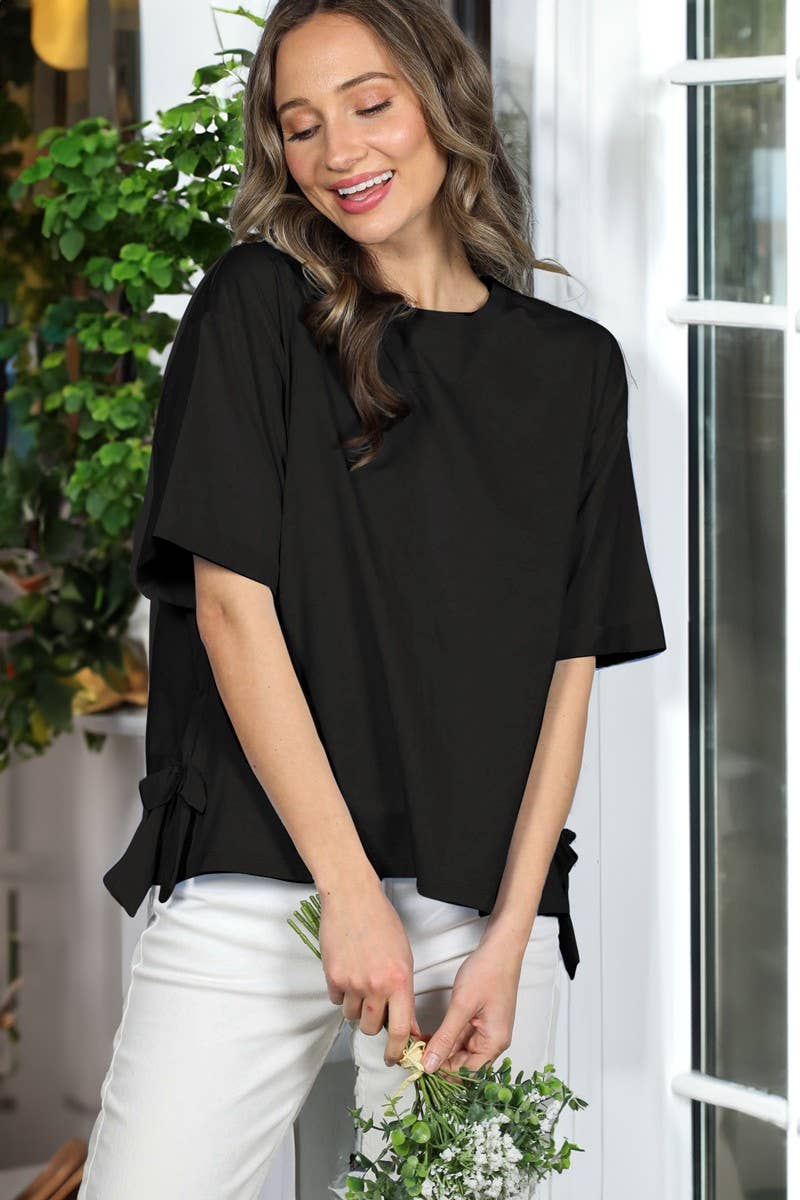 Black Bow Side Slit Cotton Knit Top