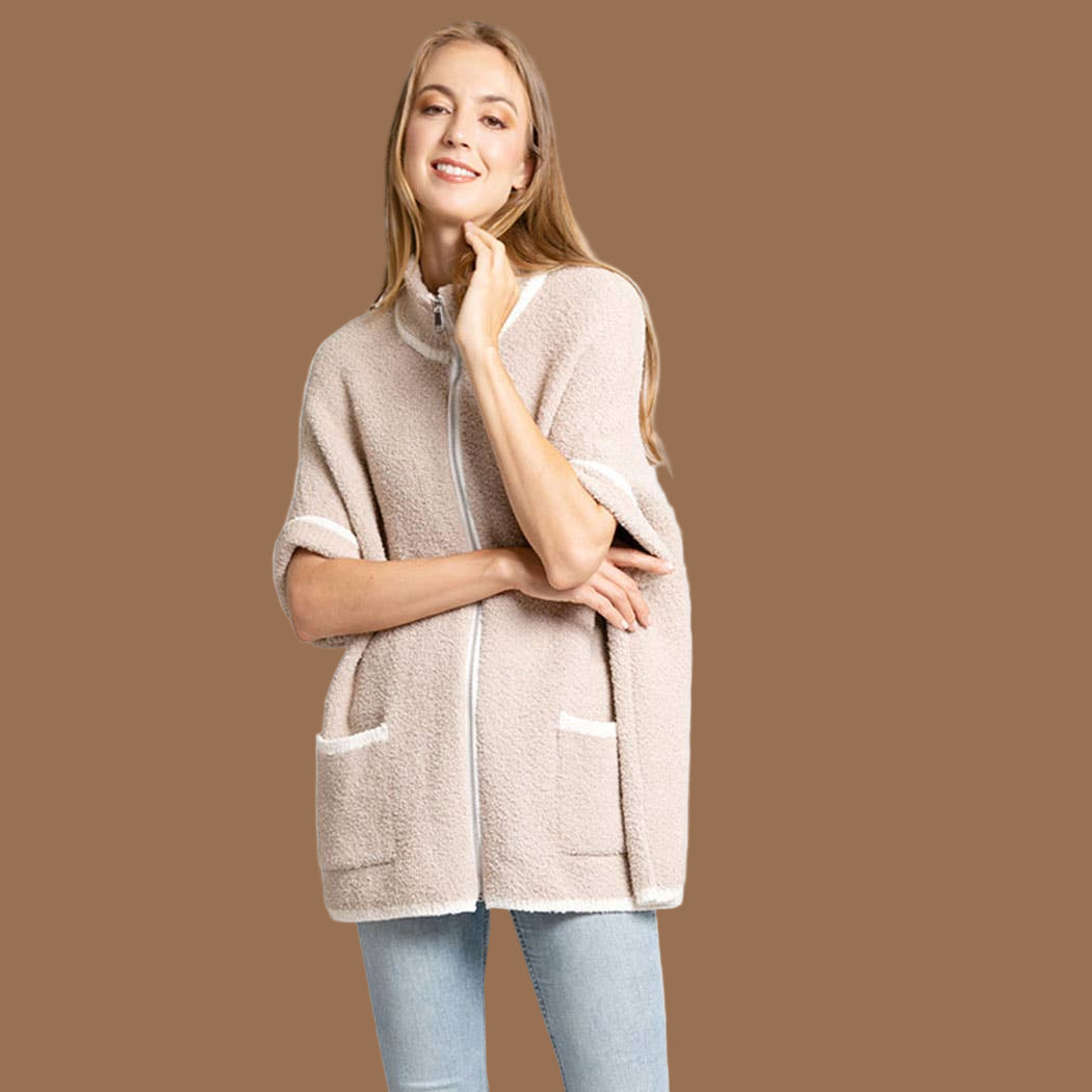 Beige Solid Zipper Jacket with Outlined Edges