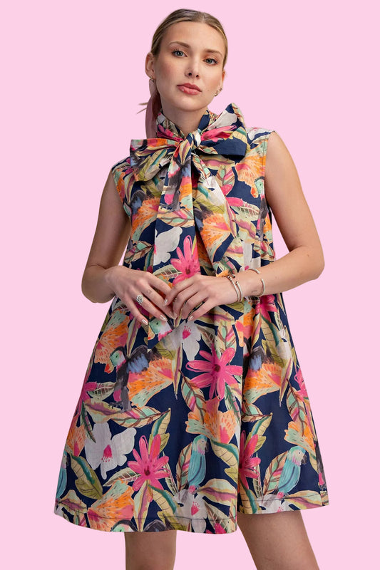 Navy Tie Neck Sleeveless Floral Mini Dress