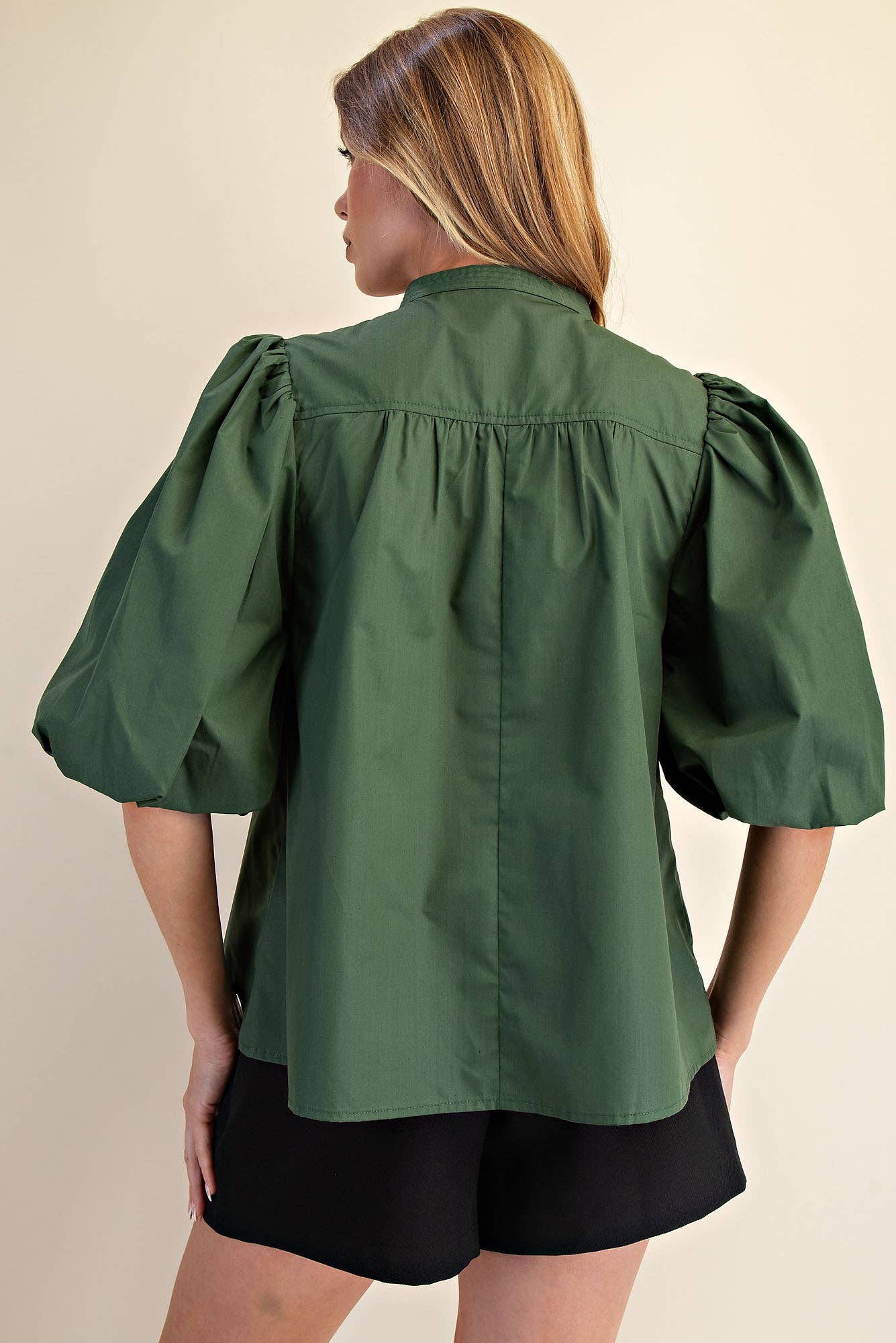 Olive Mandarin Collar V-Neck Bubble Sleeve Poplin Top