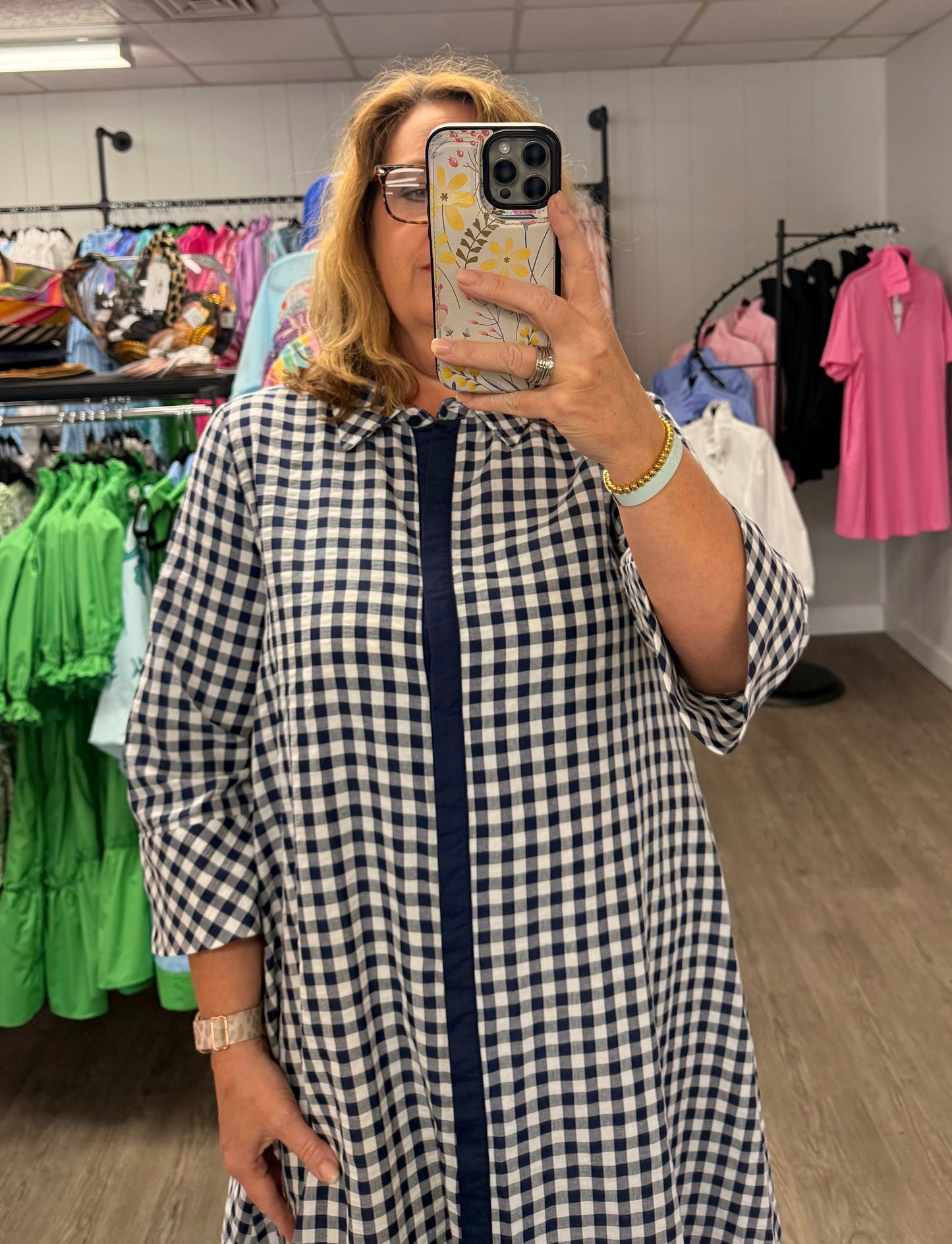 Navy Gingham 3/4 Sleeve Midi Dress