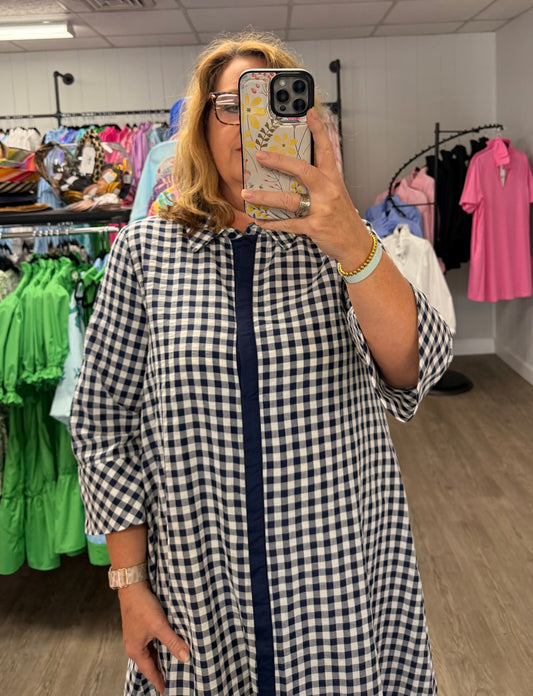 Navy Gingham 3/4 Sleeve Midi Dress