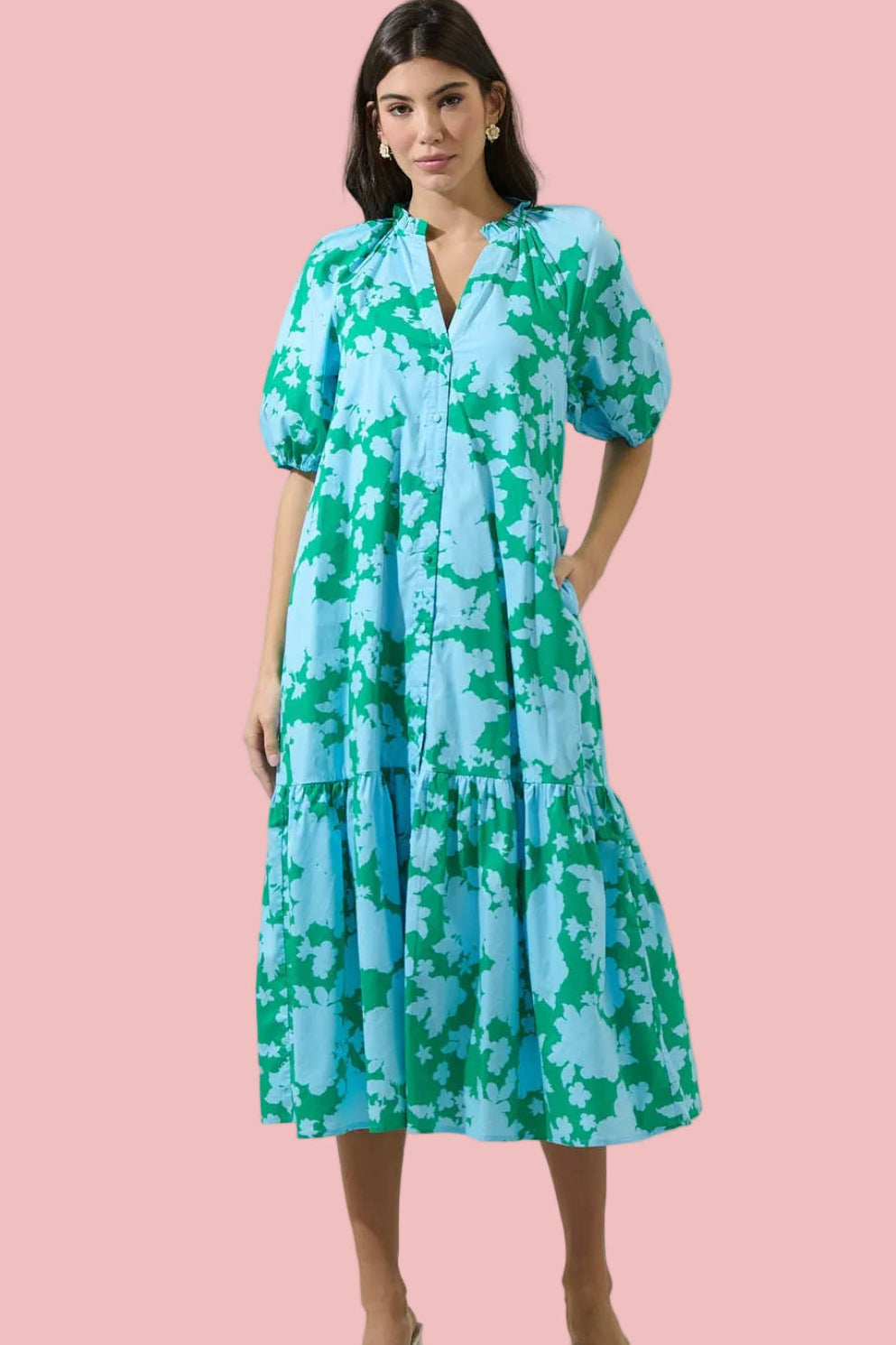Riona Blue-Kelly Floral Tiered Midi Dress