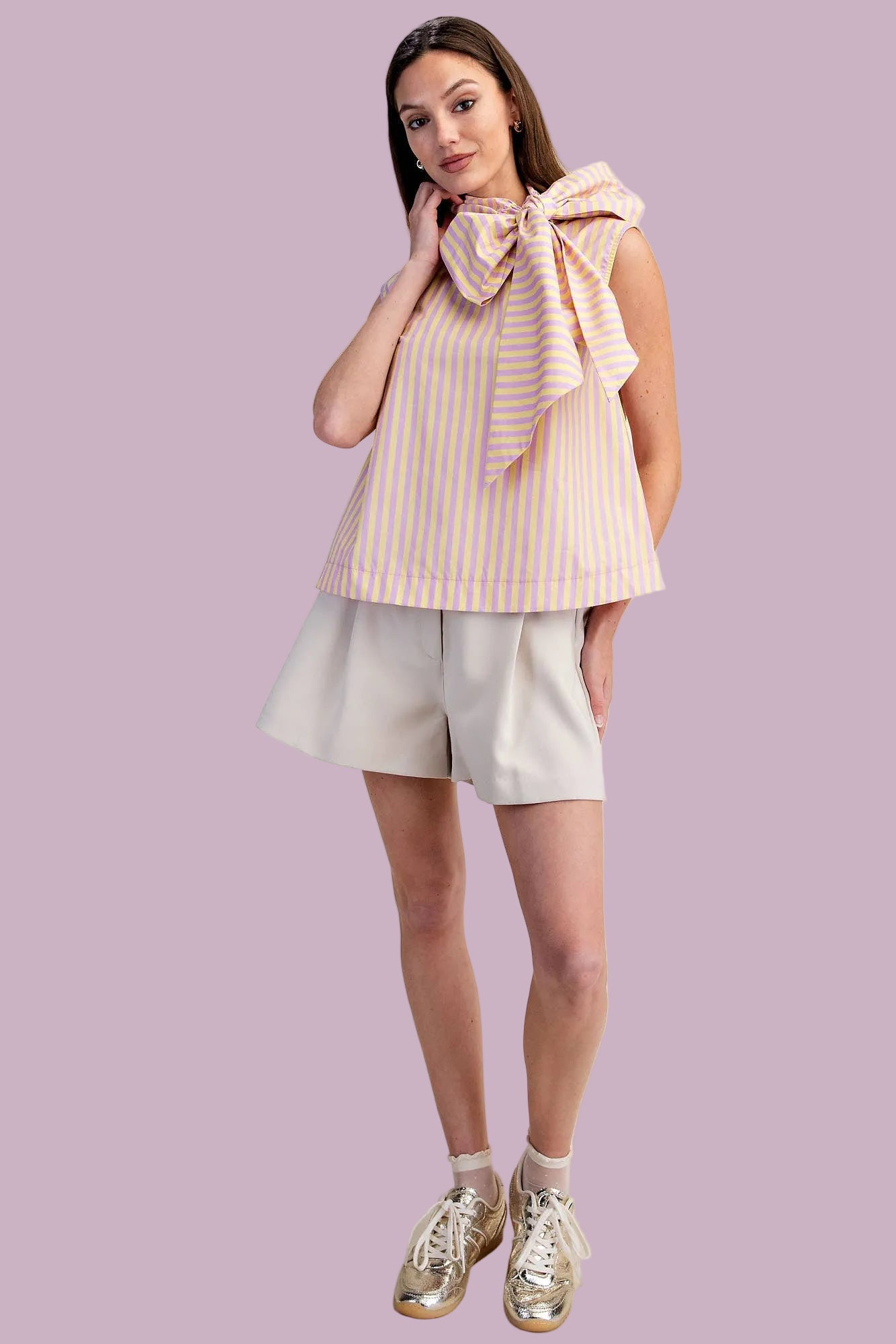 Lavender Tie Neck Sleeveless Stripe Top