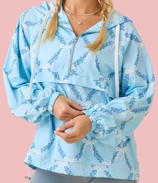 Blue Ribbon And Floral Printed Windbreaker