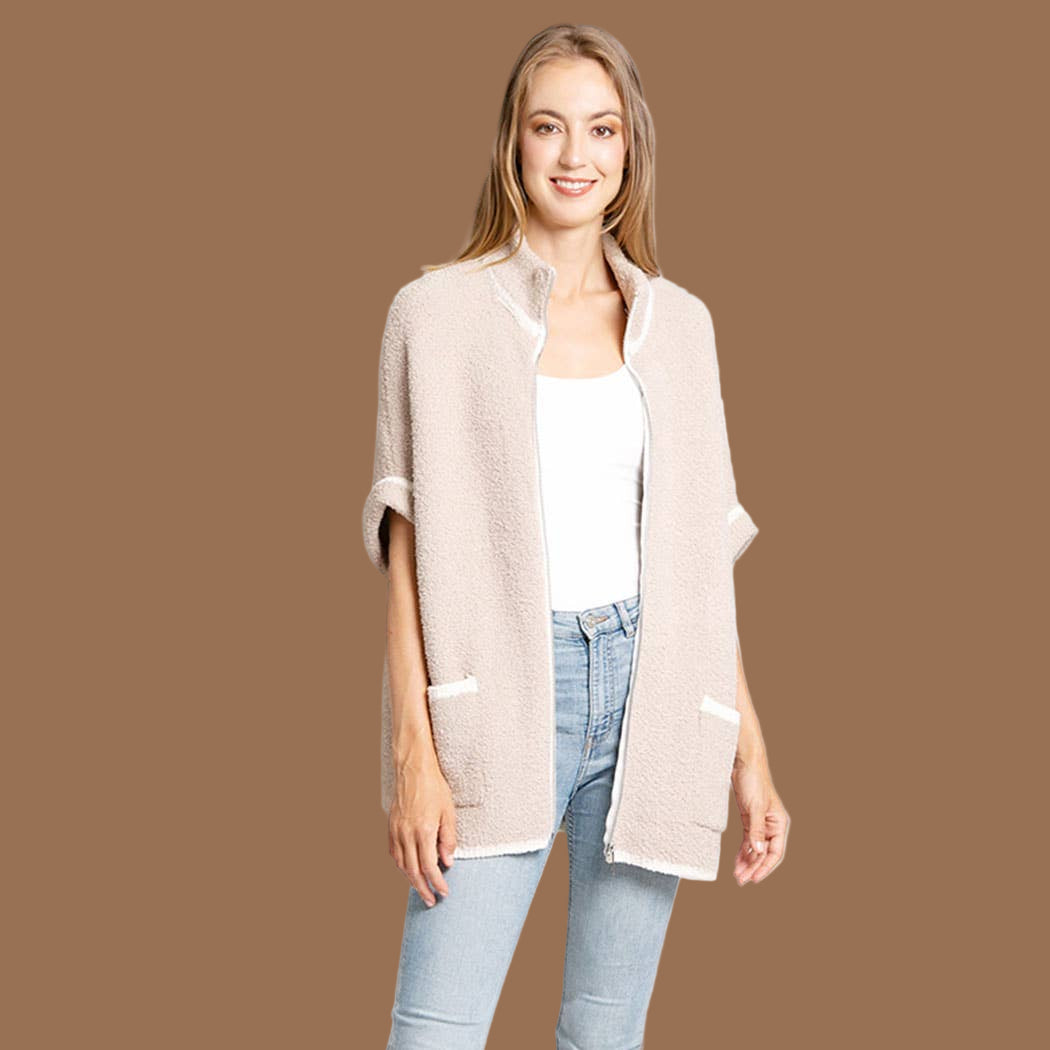 Beige Solid Zipper Jacket with Outlined Edges