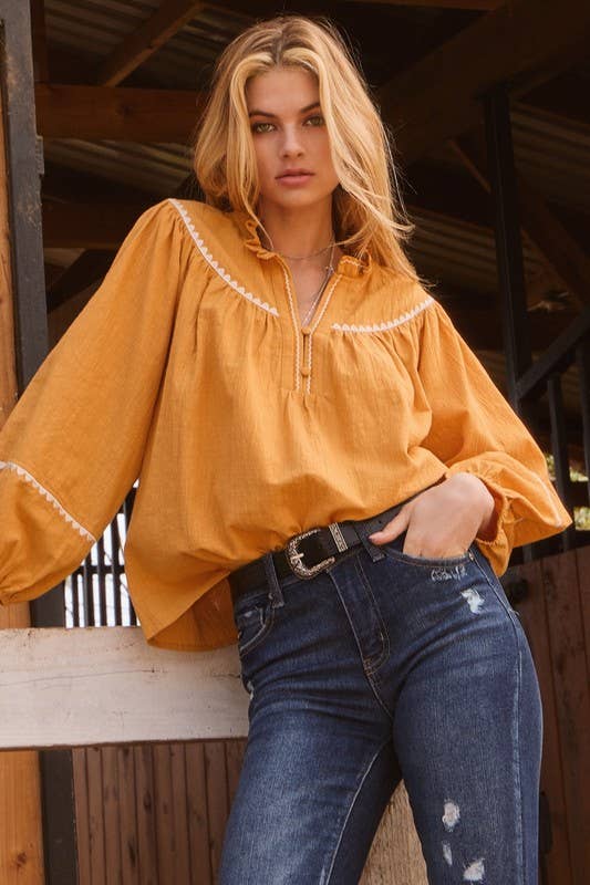 Mustard Embroidery Ruffle Neckline Blouse