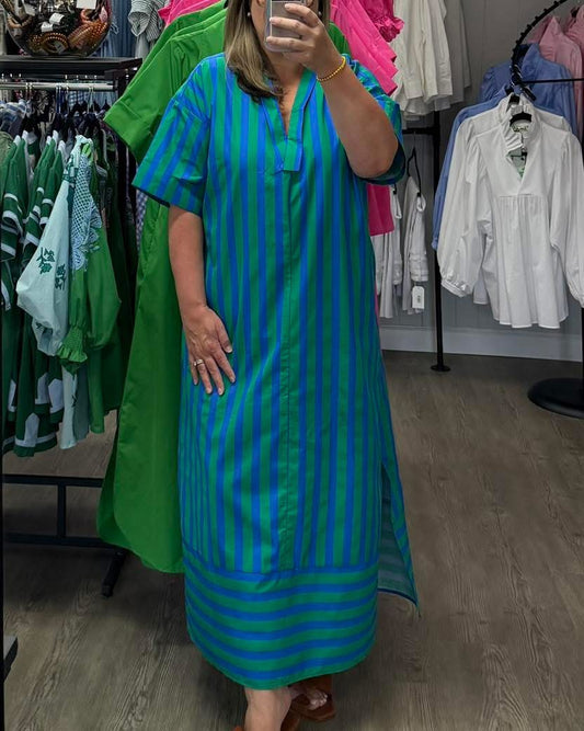 Green & Blue Stripe Midi Dress