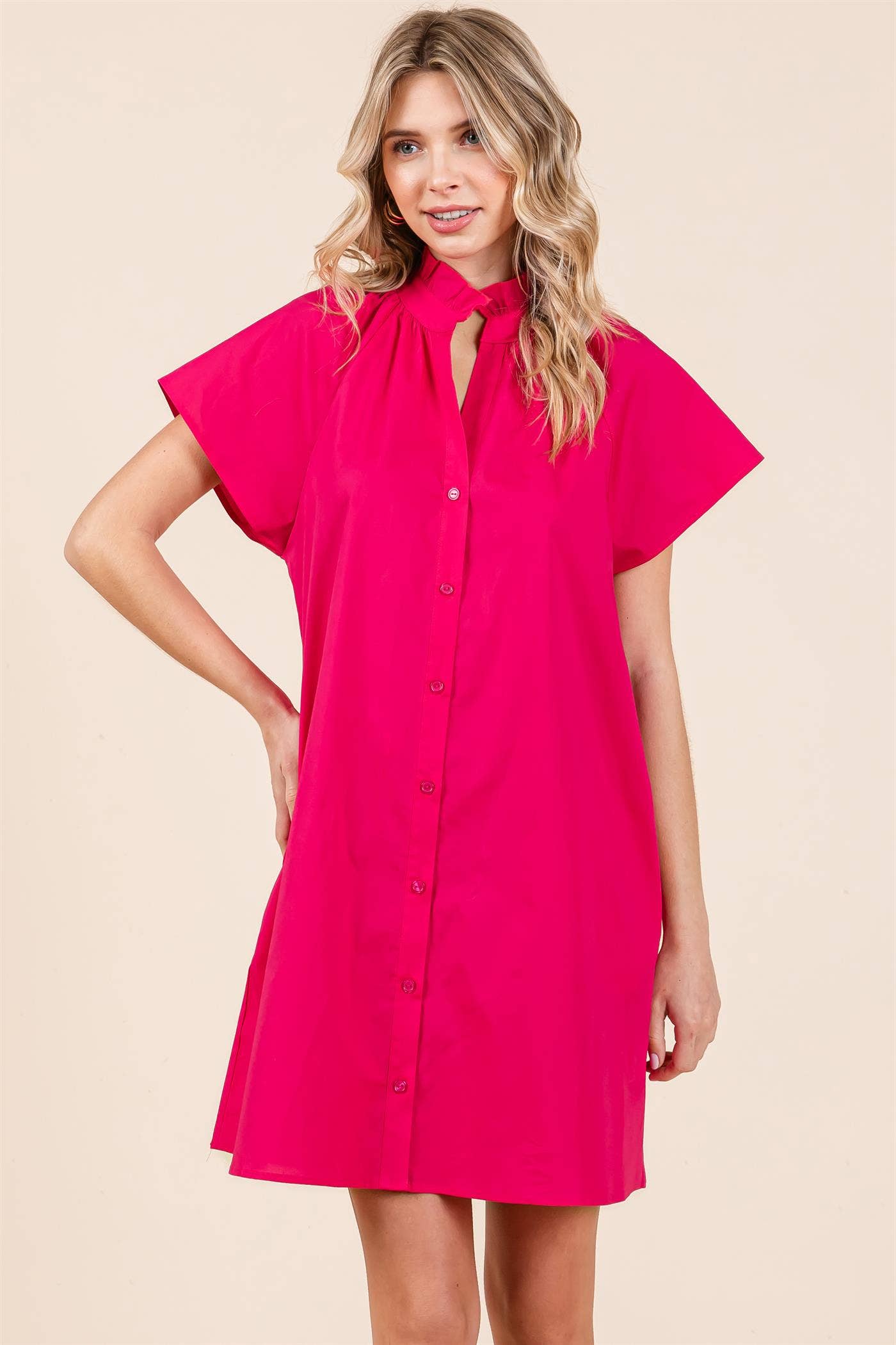 Fuchsia Poplin Shirt Short Dress