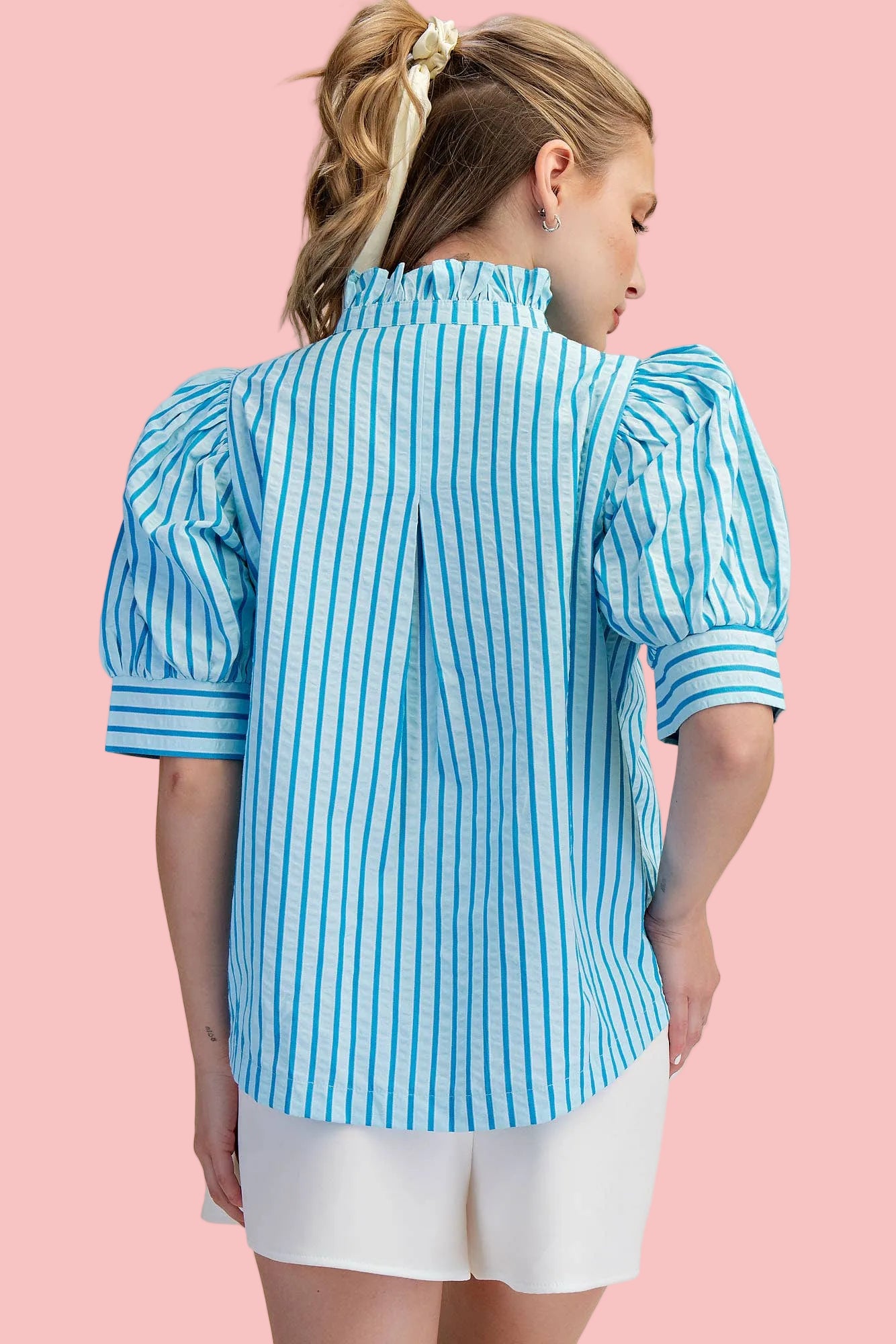Aqua Ruffle V-neck Puff Sleeve Button Down Top