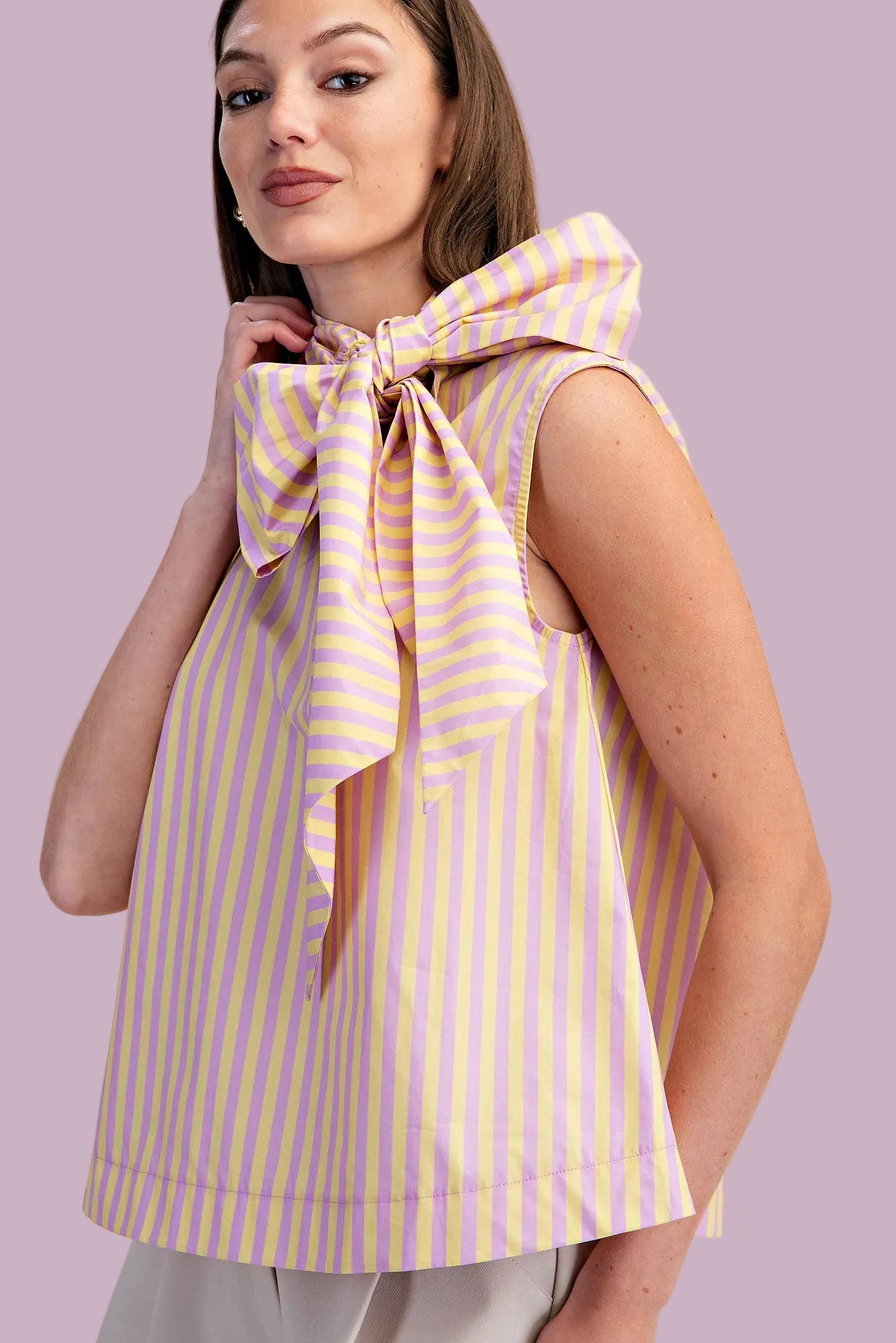 Lavender Tie Neck Sleeveless Stripe Top