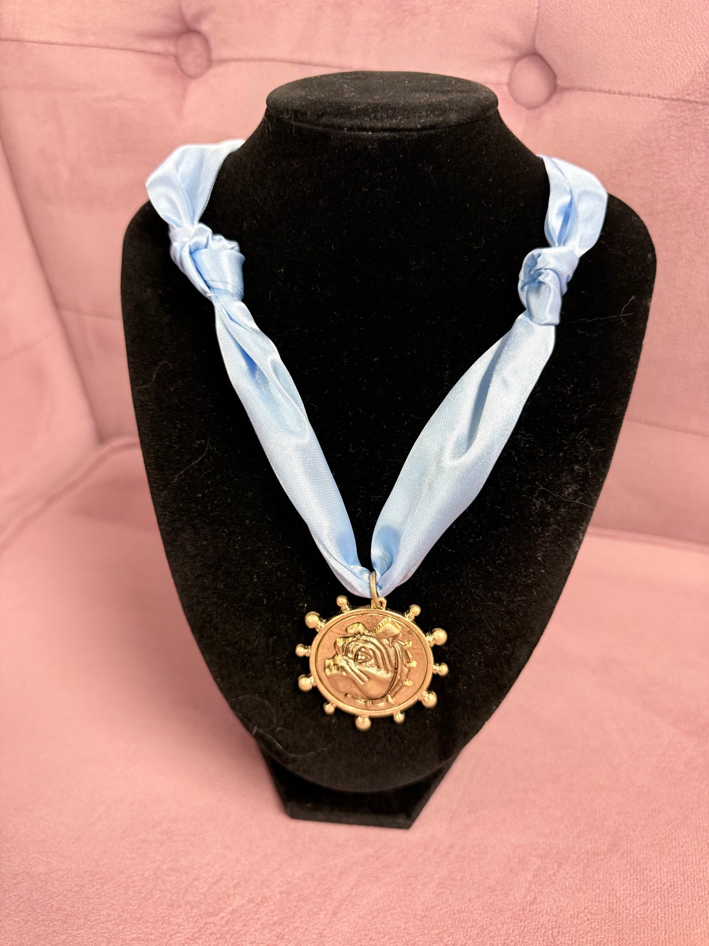 Bulldog Face Medallion Light Citadel Blue Scarf Necklace