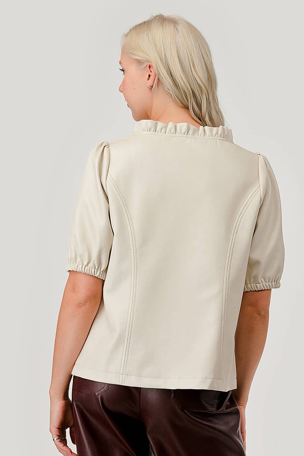 Bone Faux Leather Ruffled V-neck Top