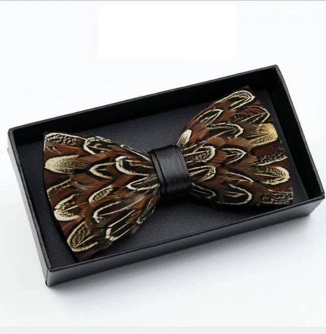 Handmade Brown Pheasant Feather Bow Tie