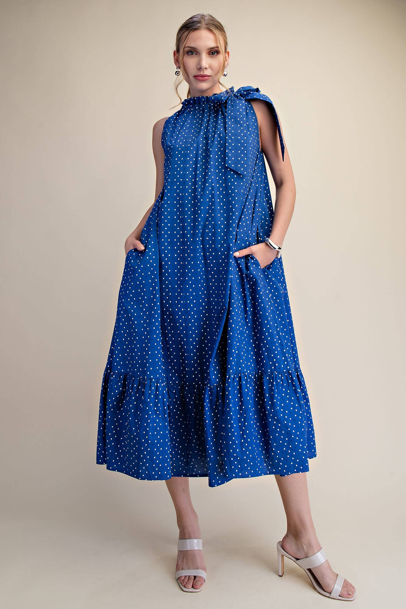 Royal Ruffle Neck Tie Sleeveless Dot Pattern Midi