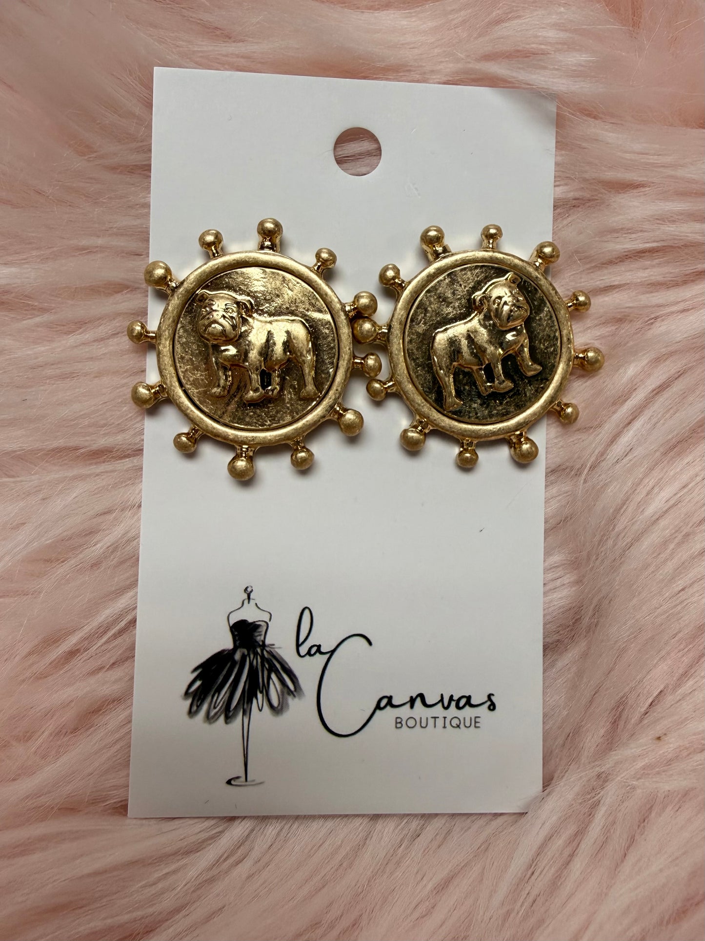 Standing Bulldog Coin Earrings with Gold Bead Rim