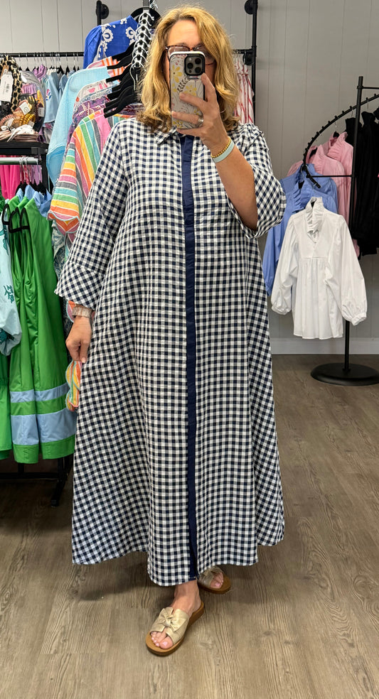 Navy Gingham 3/4 Sleeve Midi Dress