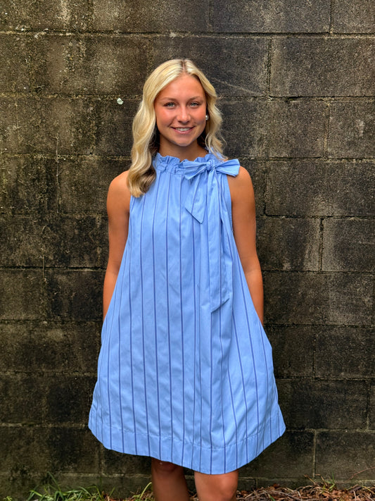 Bashful Blue Ruffle Neck Tie Dress