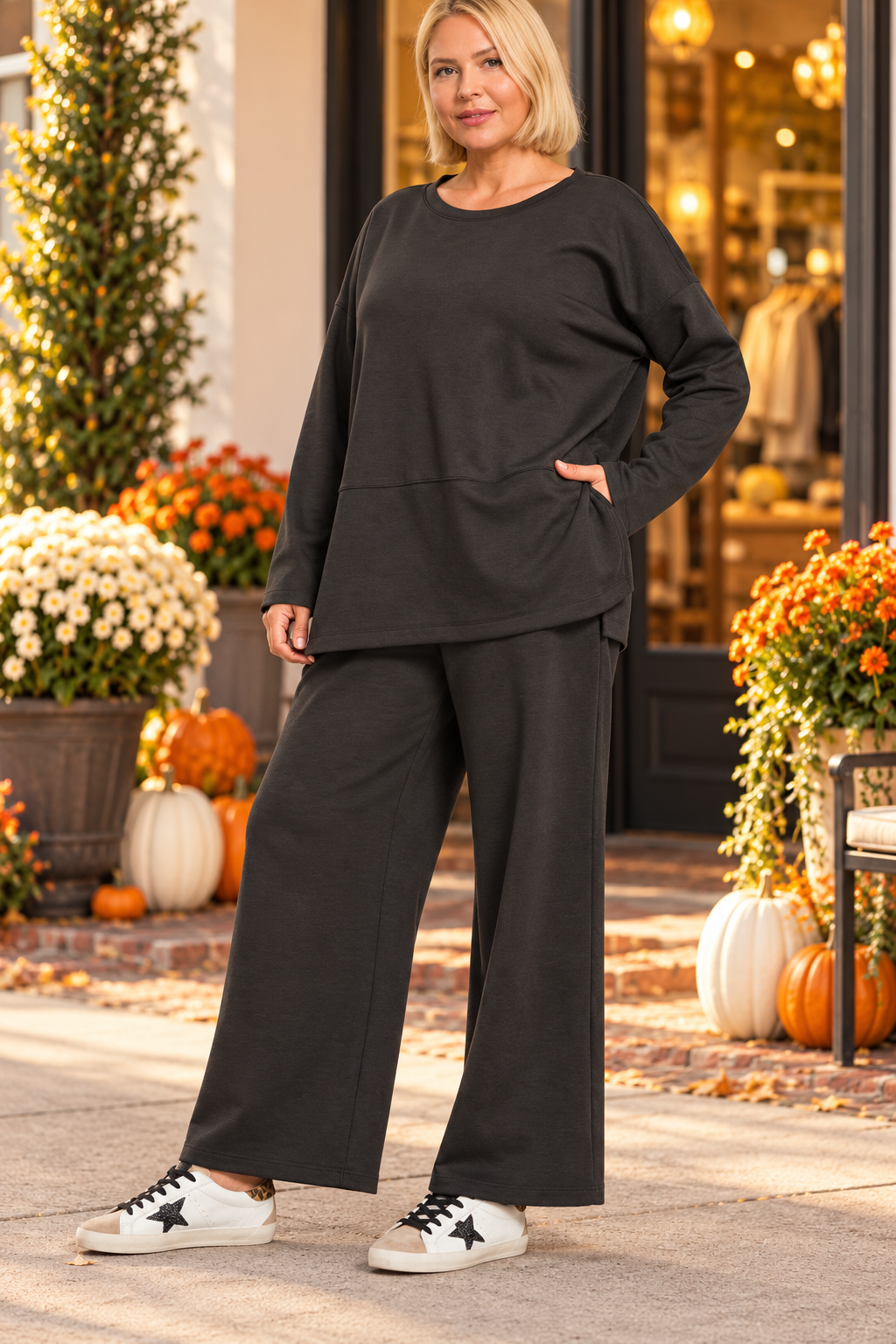 Black Scuba Crewneck Side Slit Top & Pants Set