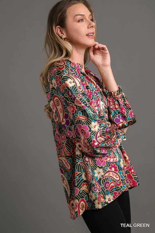 Teal Green Satin Paisley Ruffle V-Neck