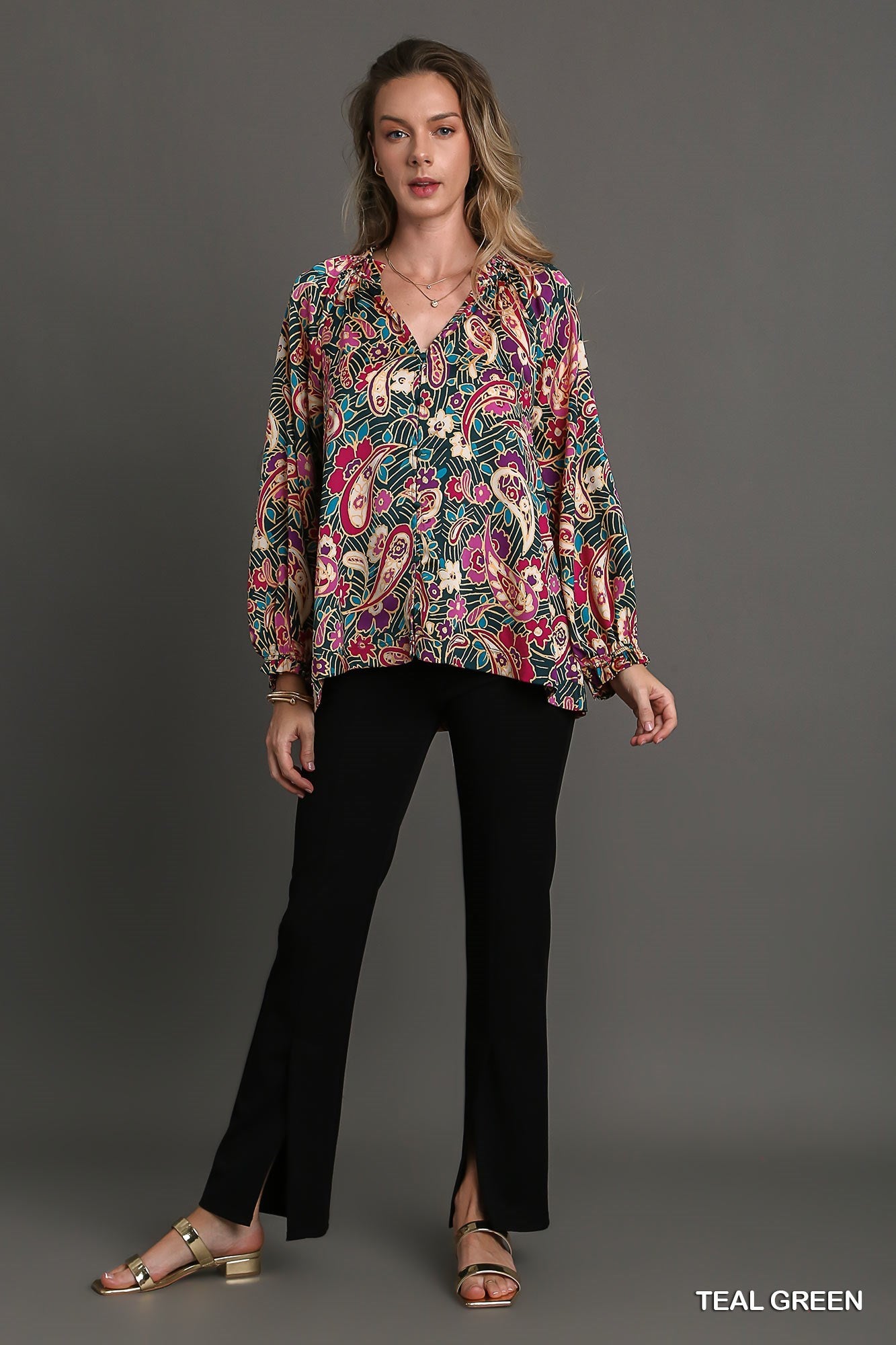 Teal Green Satin Paisley Ruffle V-Neck