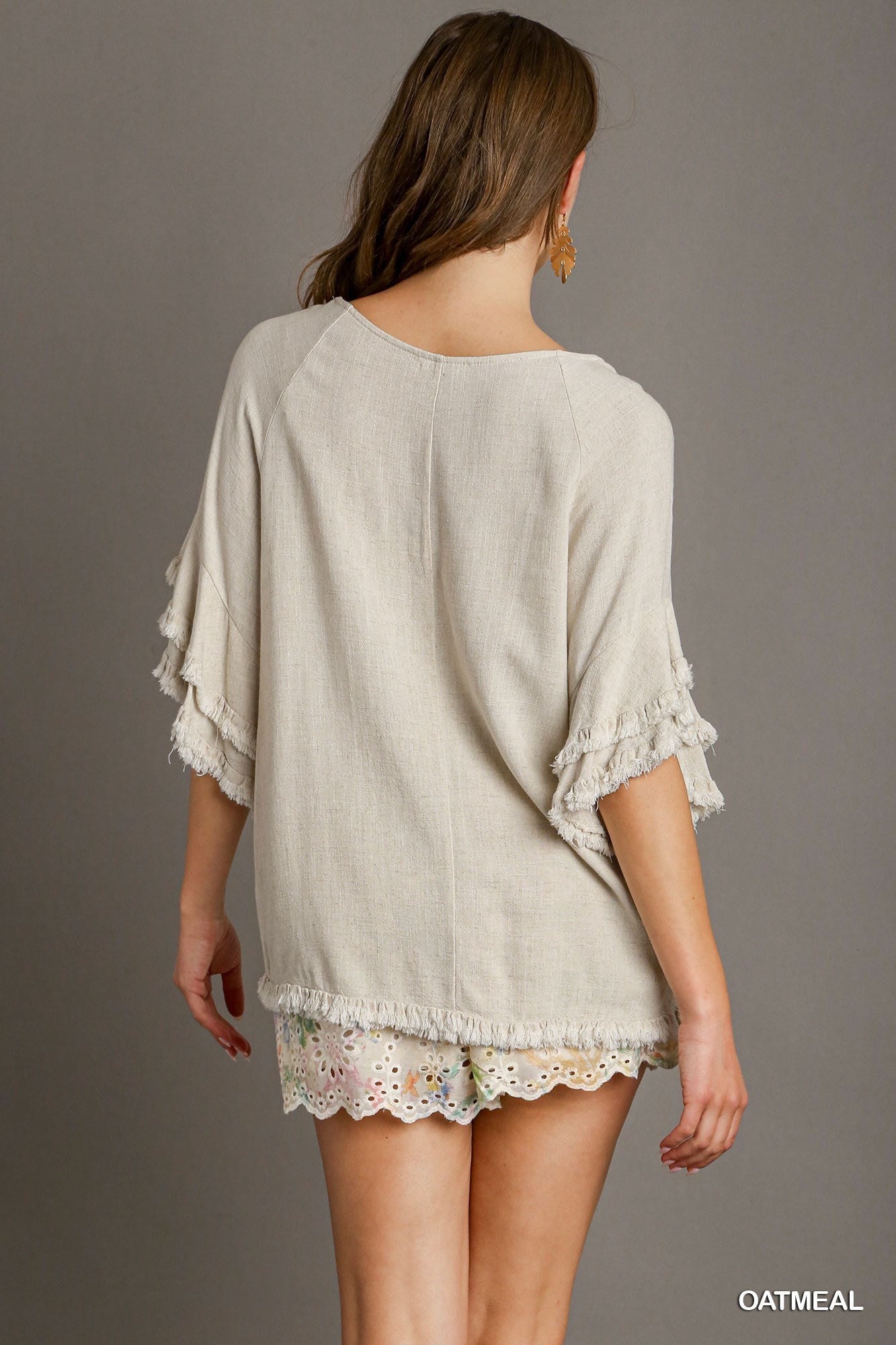 Oatmeal Linen Blend Short Sleeve Round Neck Top
