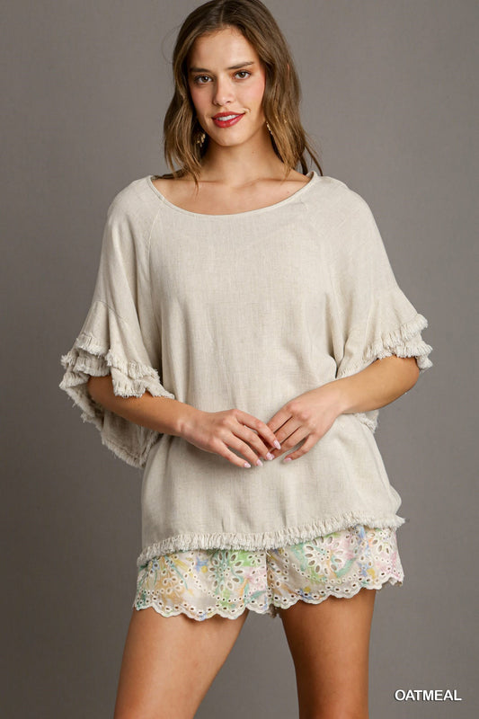 Oatmeal Linen Blend Short Sleeve Round Neck Top