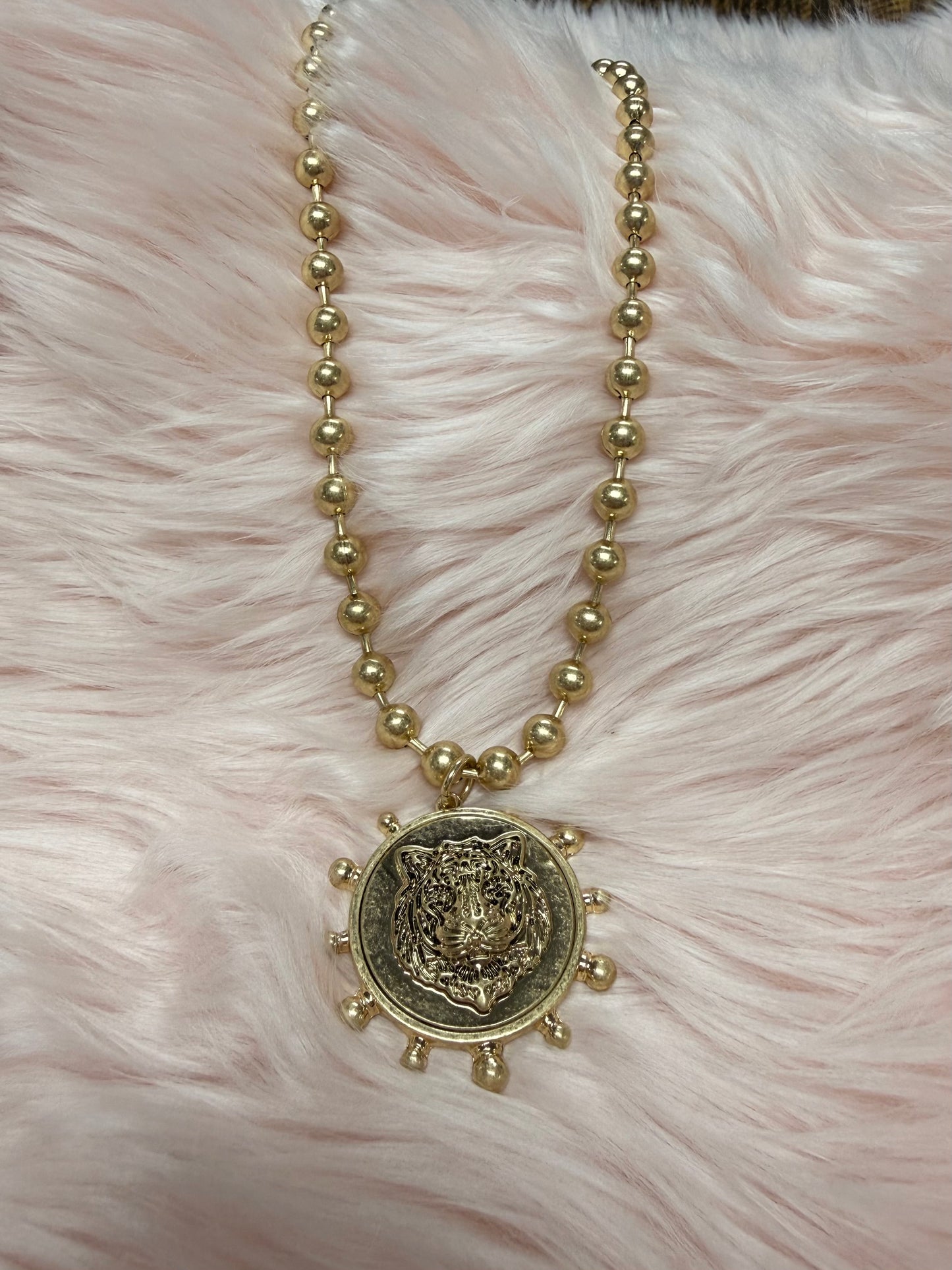 Tiger Coin Medallion Gold Beaded Necklace