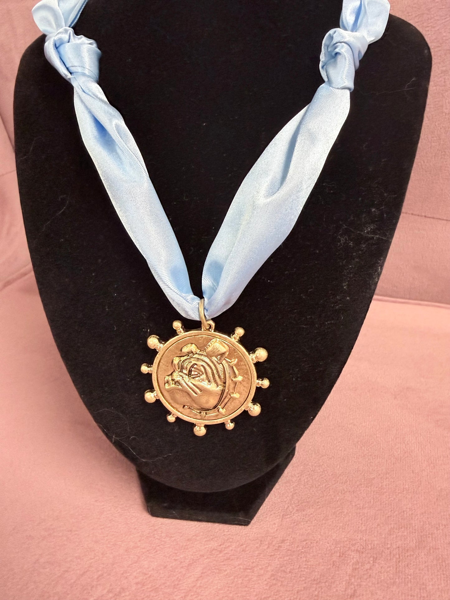 Bulldog Face Medallion Light Citadel Blue Scarf Necklace