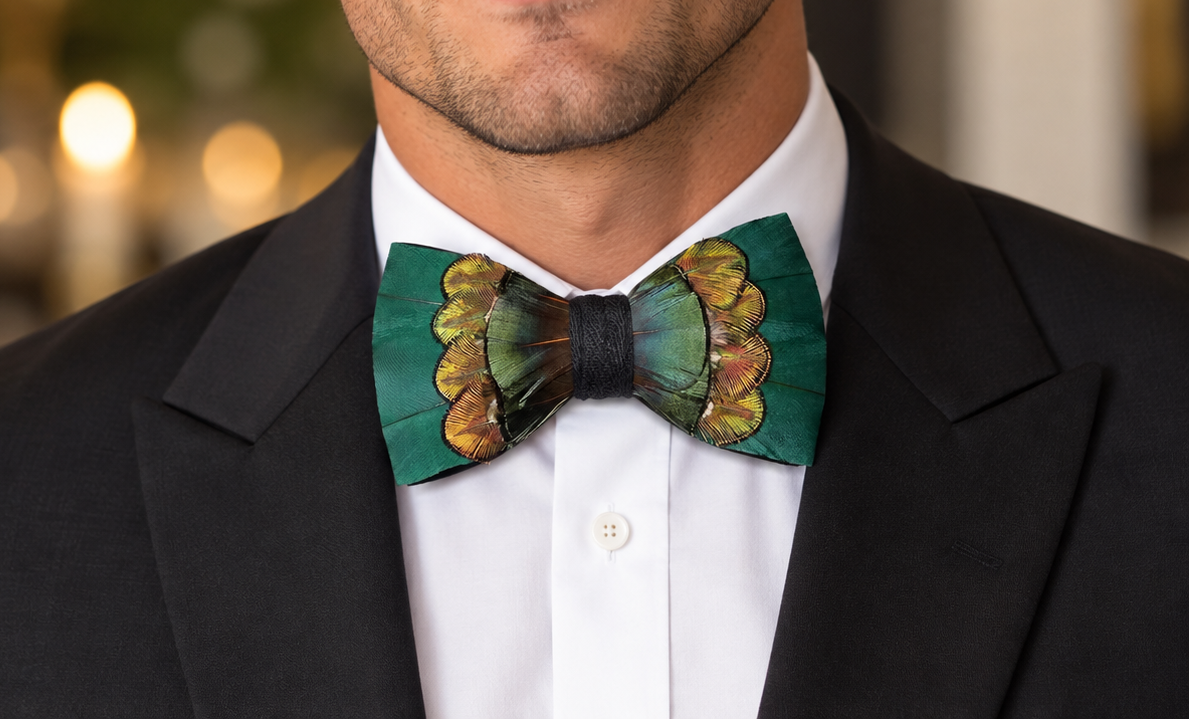 Handmade Green Elegance Feather Bow Tie