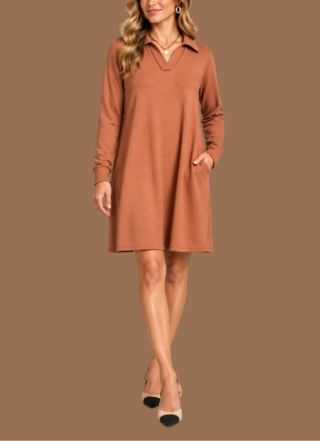 Caramel French Terry Long Sleeve Dress