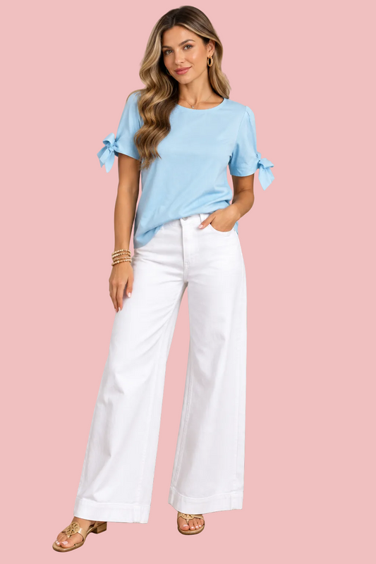 Light Blue Bow Tie Sleeve Cotton Top
