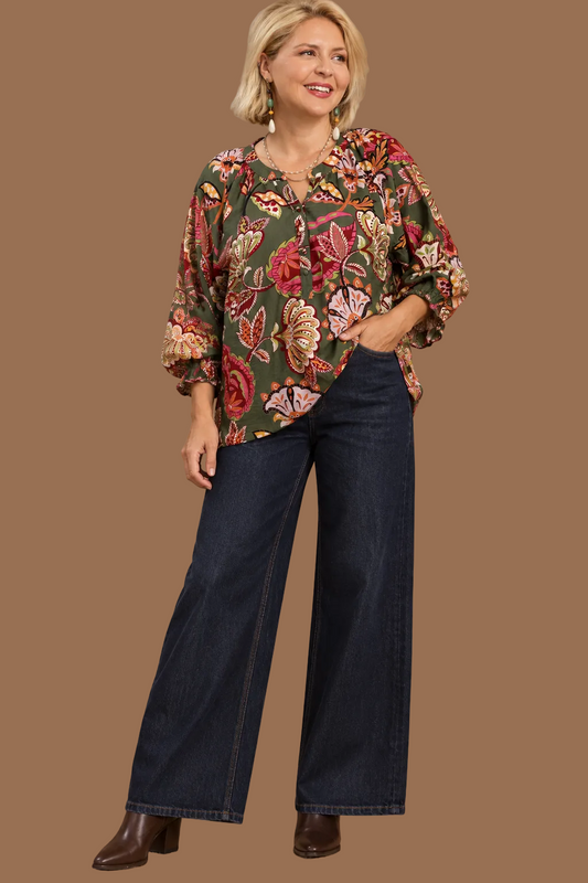 Olive Paisley Puff Sleeve Top