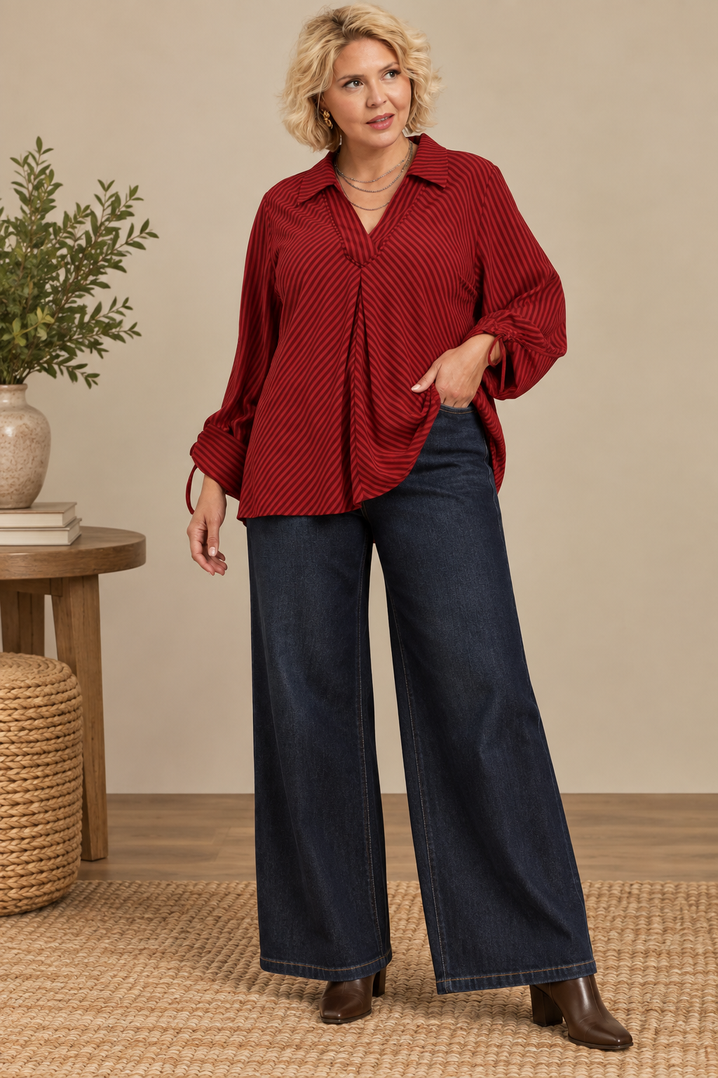 Crimson Striped V-Neck Collared Blouse
