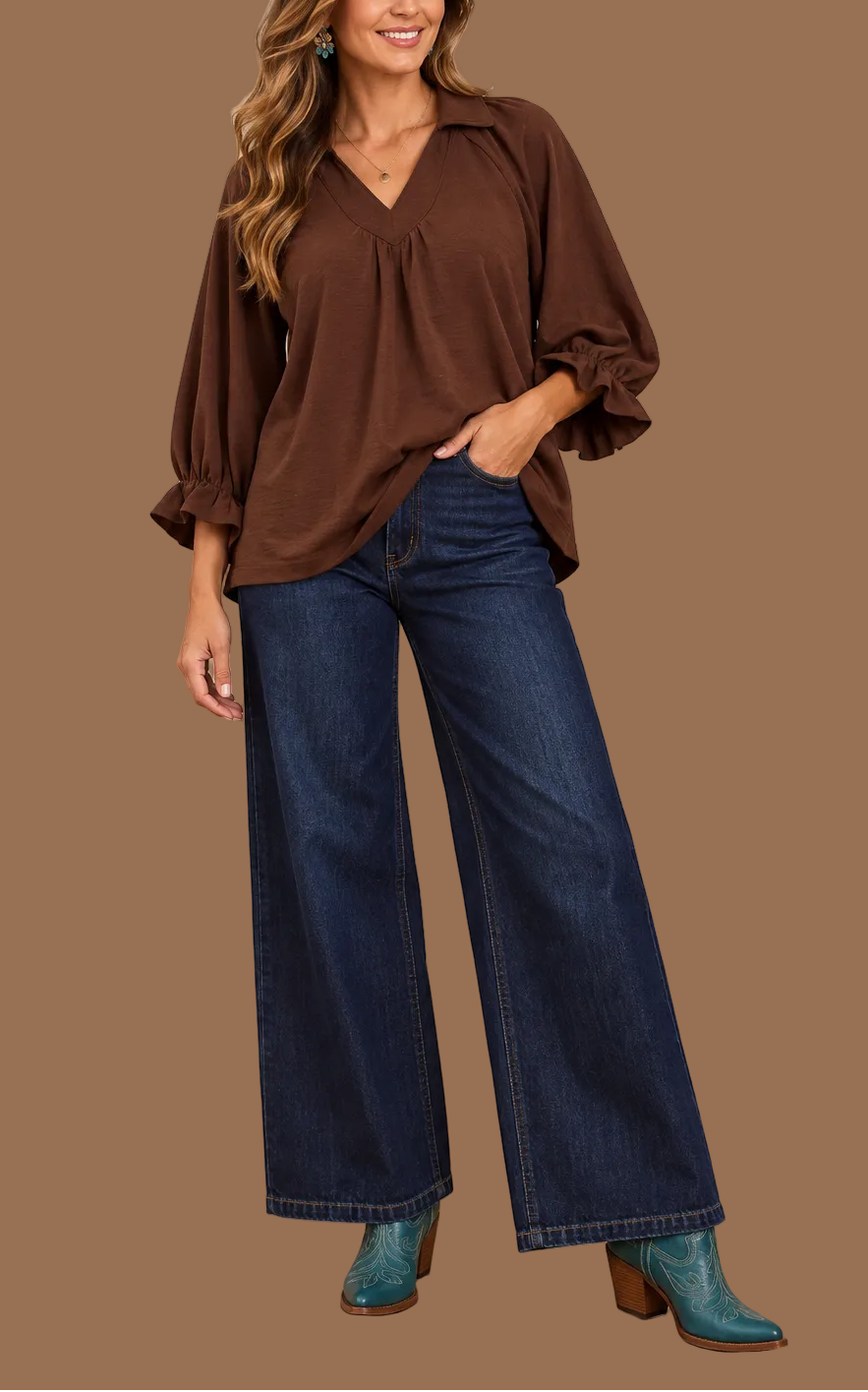 Chocolate Collared V-Neck 3/4 Sleeve Tops