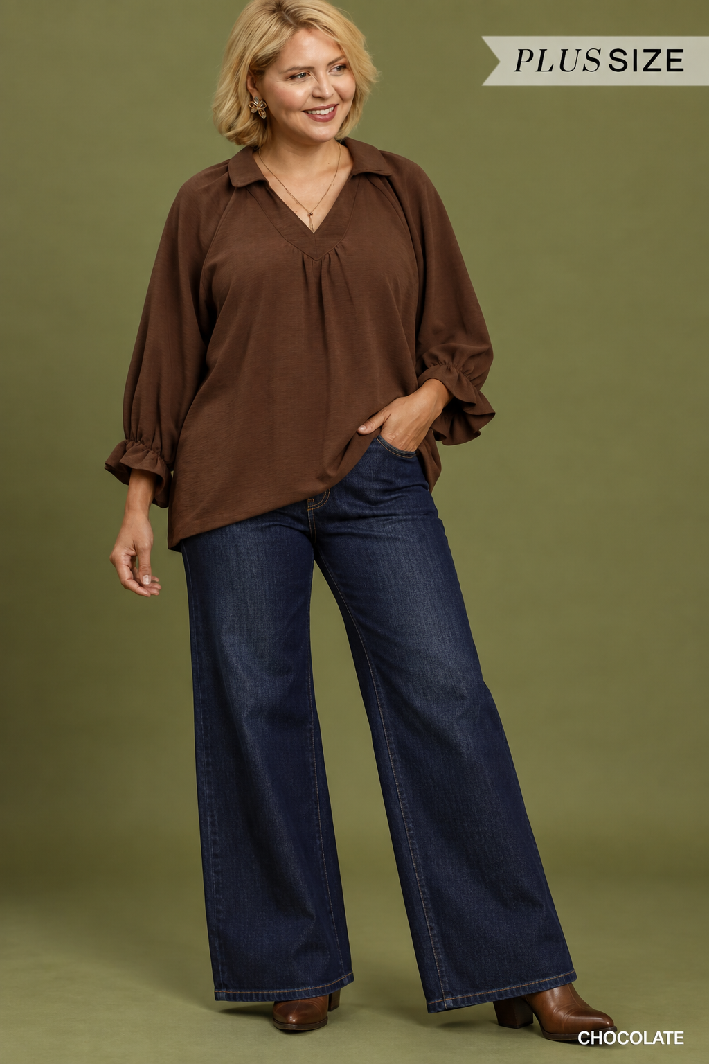 Chocolate Collared V-Neck 3/4 Sleeve Tops