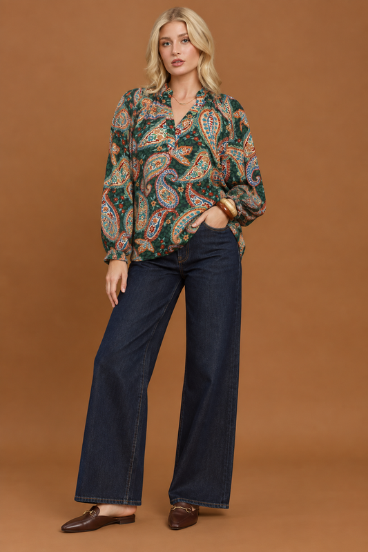 Hunter Green Paisley Mix Top