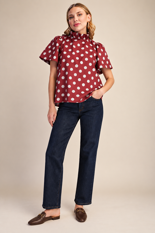 Polka Dot Burgundy Ruffle Top