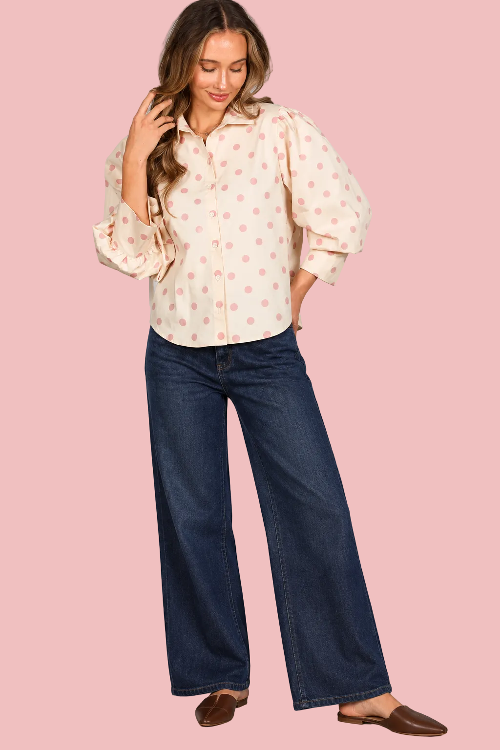 Taupe/ Pink Playful Polka Dot Top